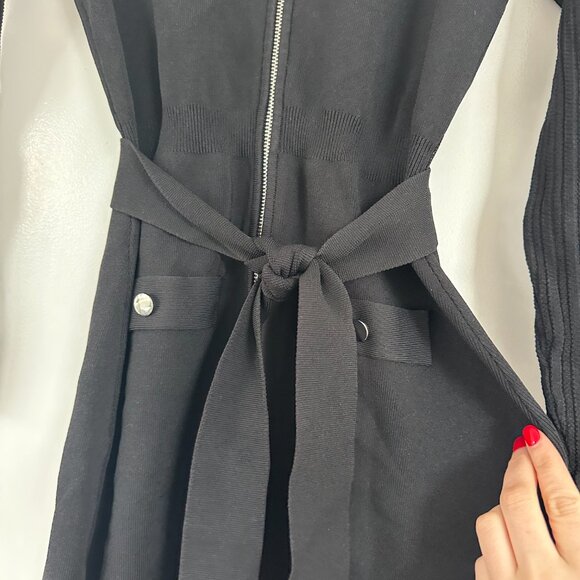 NWT Reiss Emily Knitted Mini Dress Medium in Black Collarless Front Zip w/ Belt - Picture 6 of 11